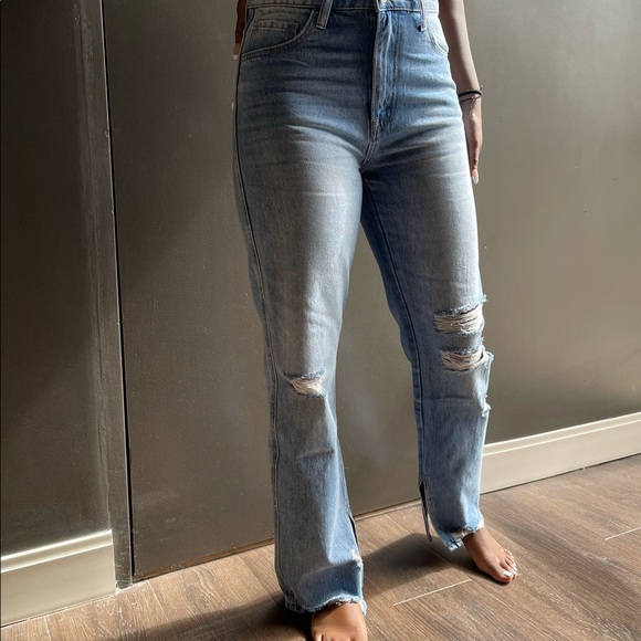 Distressed high waist denim with side slit - Picture 3 of 5